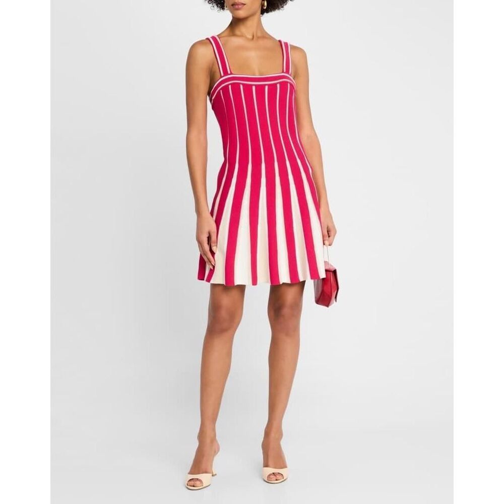 New Ramy Brook Eloise Striped Cotton Knit Mini Dress Square Neck Pink White L
